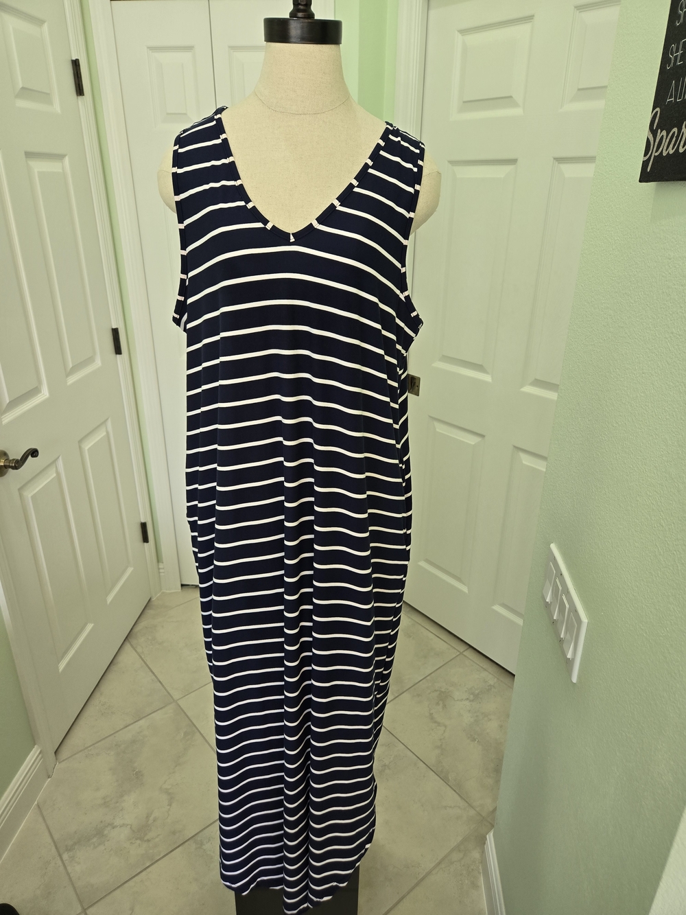 NWT Lildy Navy and White Striped V-Neck Maxi Dress Cozy Comfortable Size L-XL